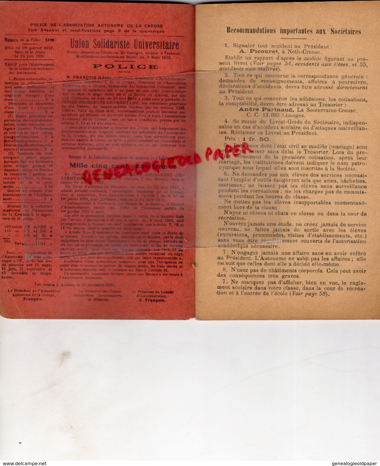 23 - LIVRET ET GUIDE DEFENSE-STATUTS  LA SOLIDARITE CREUSOISE - CREUSE- MAIRIE GUERET- 1938 - Documents Historiques