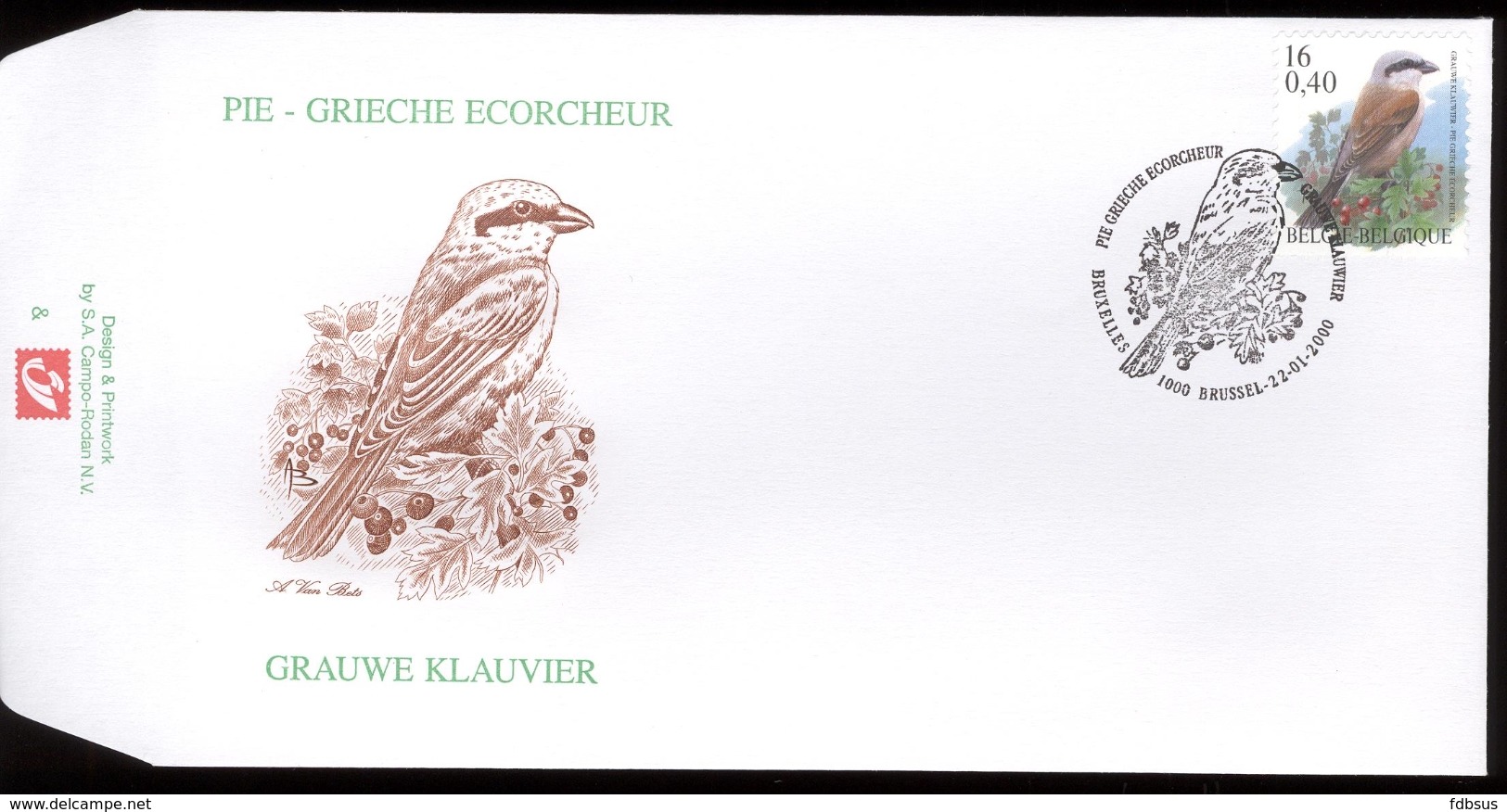 2000 - Fdc - Obp 2885 - Vogels Buzin Grauwe Klavier - Cote Euro 5,50 - 1991-2000