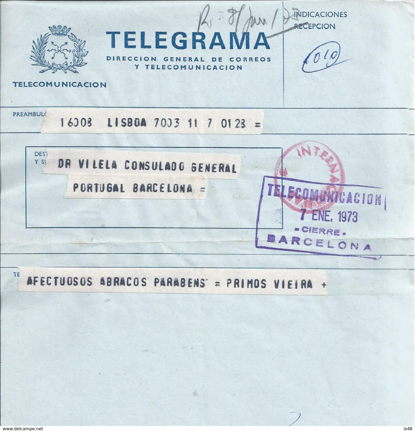 Telegram Lisbon / Barcelona, Consul - General Of Portugal In Barcelona 1973. Telecommunications Of Barcelona. - Covers & Documents