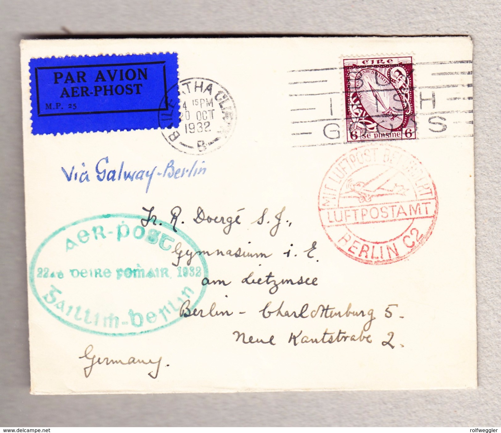 Irland 20.10.1932 Luftpost Brief Nach Berlin-Charlottenburg Roter AK-Stempel - Poste Aérienne