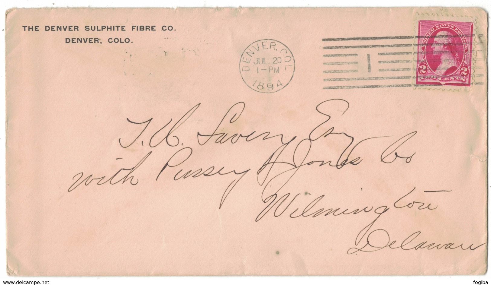 CA59      USA 1894 Advertising Cover The Denver Sulphite Fibre Denver To Wilmington (Delaware) - Storia Postale