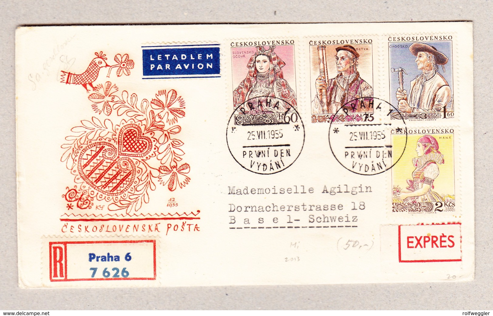 Tschechoslovakei  Praha 25.7.1955 Exprès R-Brief Nach Basel - Lettres & Documents