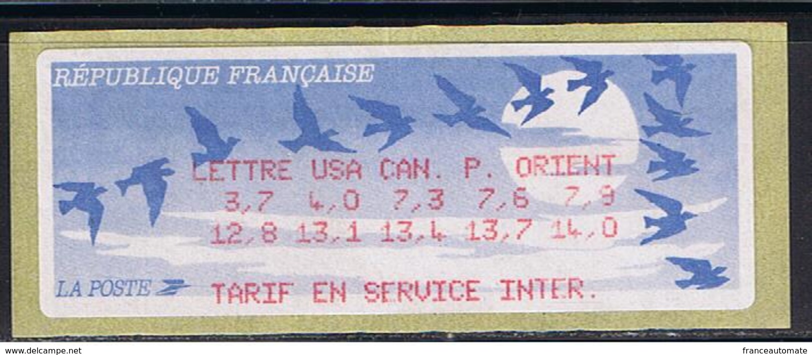 ATM, LISA1, TABLE DES TARIFS DU 18/03/1996 EN SERVICE INTER, USA, CANADA, P. ORIENT, PAPIER JUBERT. ENCRE ROUGE. - 1990 « Oiseaux De Jubert »