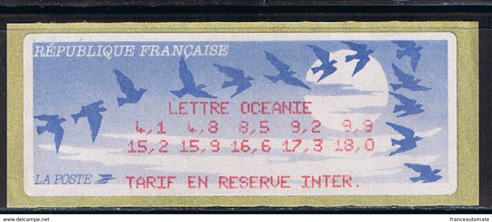 ATM, LISA1, TABLE DES TARIFS DU 18/03/1996 EN RESERVE INTER, OCEANIE, PAPIER JUBERT. ENCRE ROUGE. - 1990 « Oiseaux De Jubert »