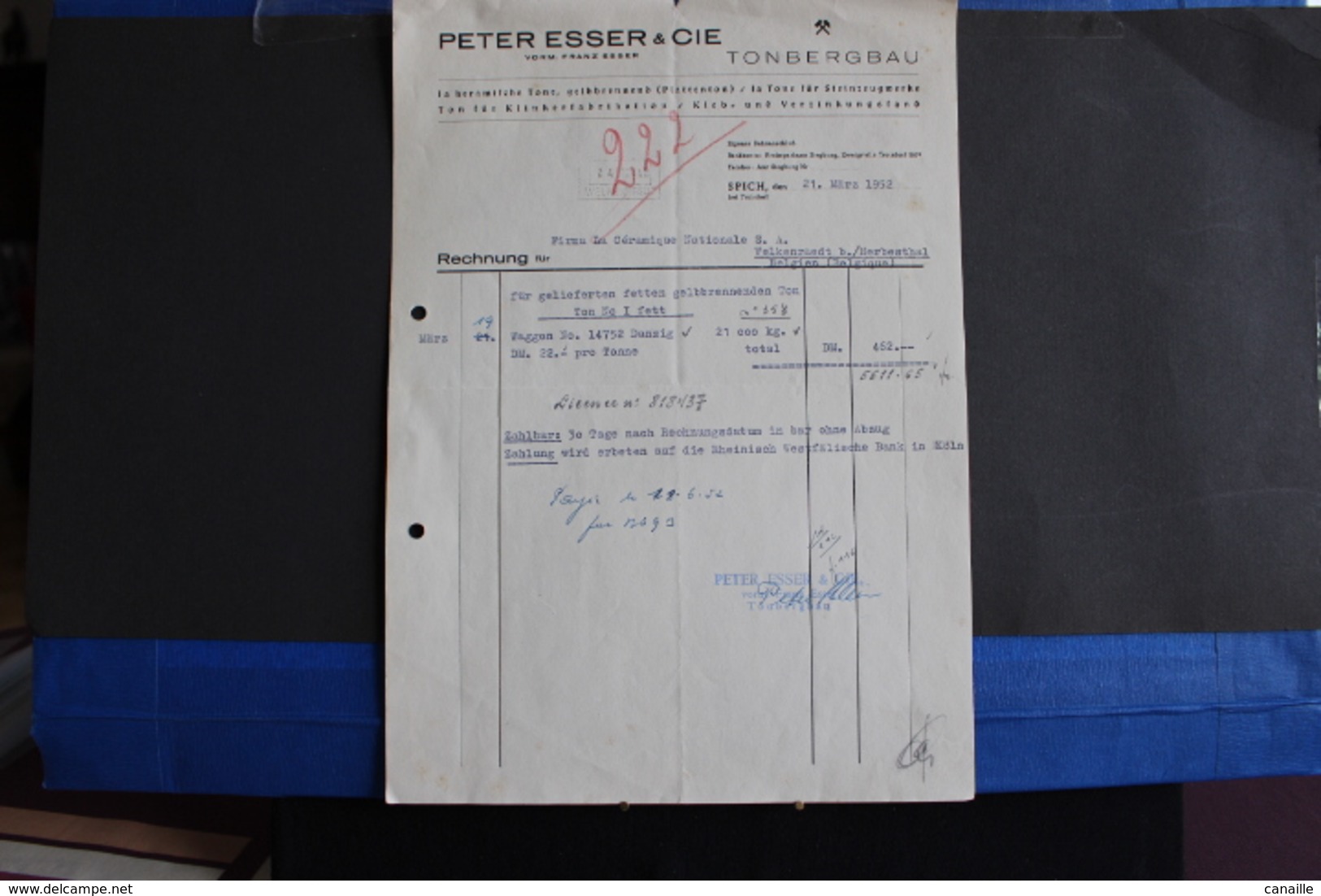 Fac-111 / Allemagne - Peter Esser & Cie,  Vorm. Franz Esser   Tonbergbau - 1952 - Autres & Non Classés