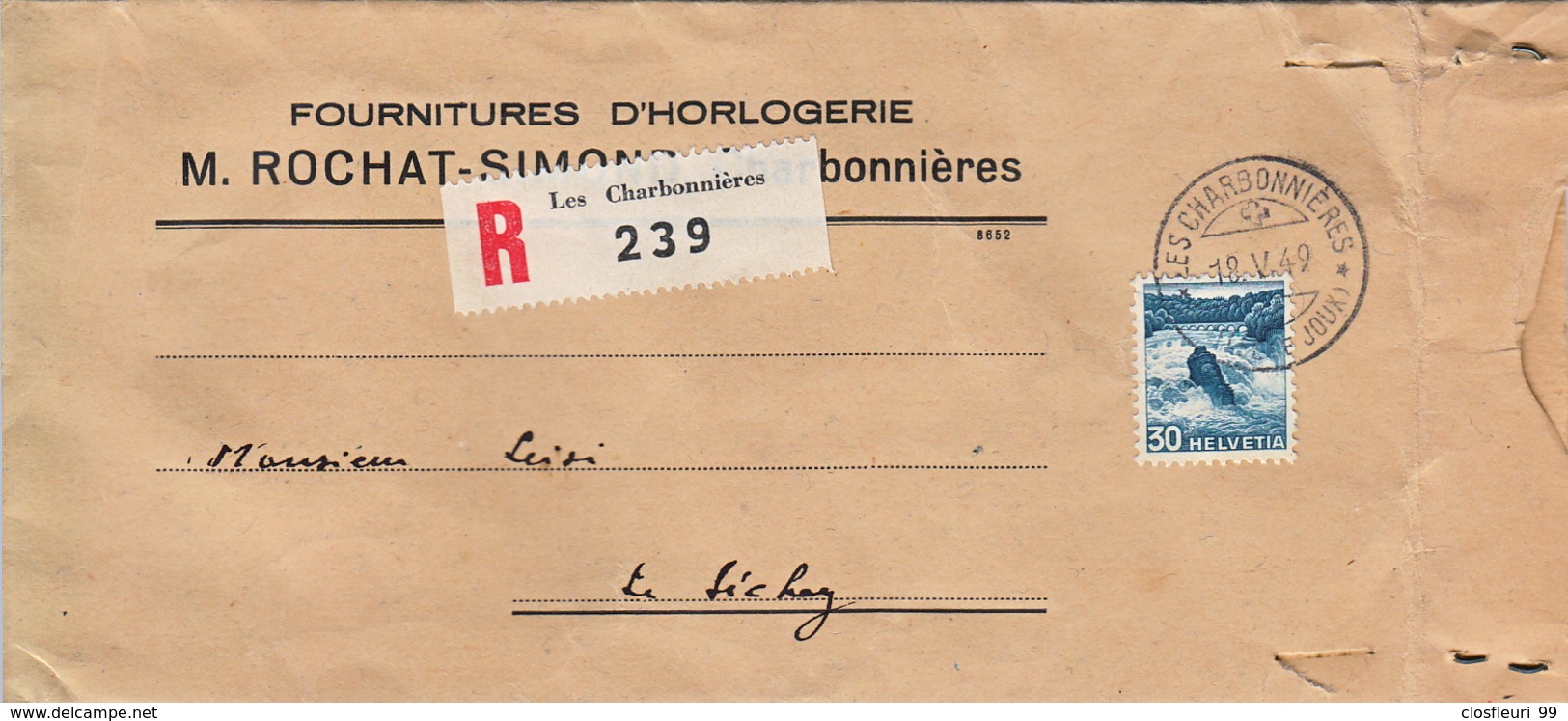 Lettre Recommandée :Les Charbonnières : Lettre De M. Rochat-Simon, Fournitures D'horlogerie. 18.V.49 Vallée De Joux - Covers & Documents