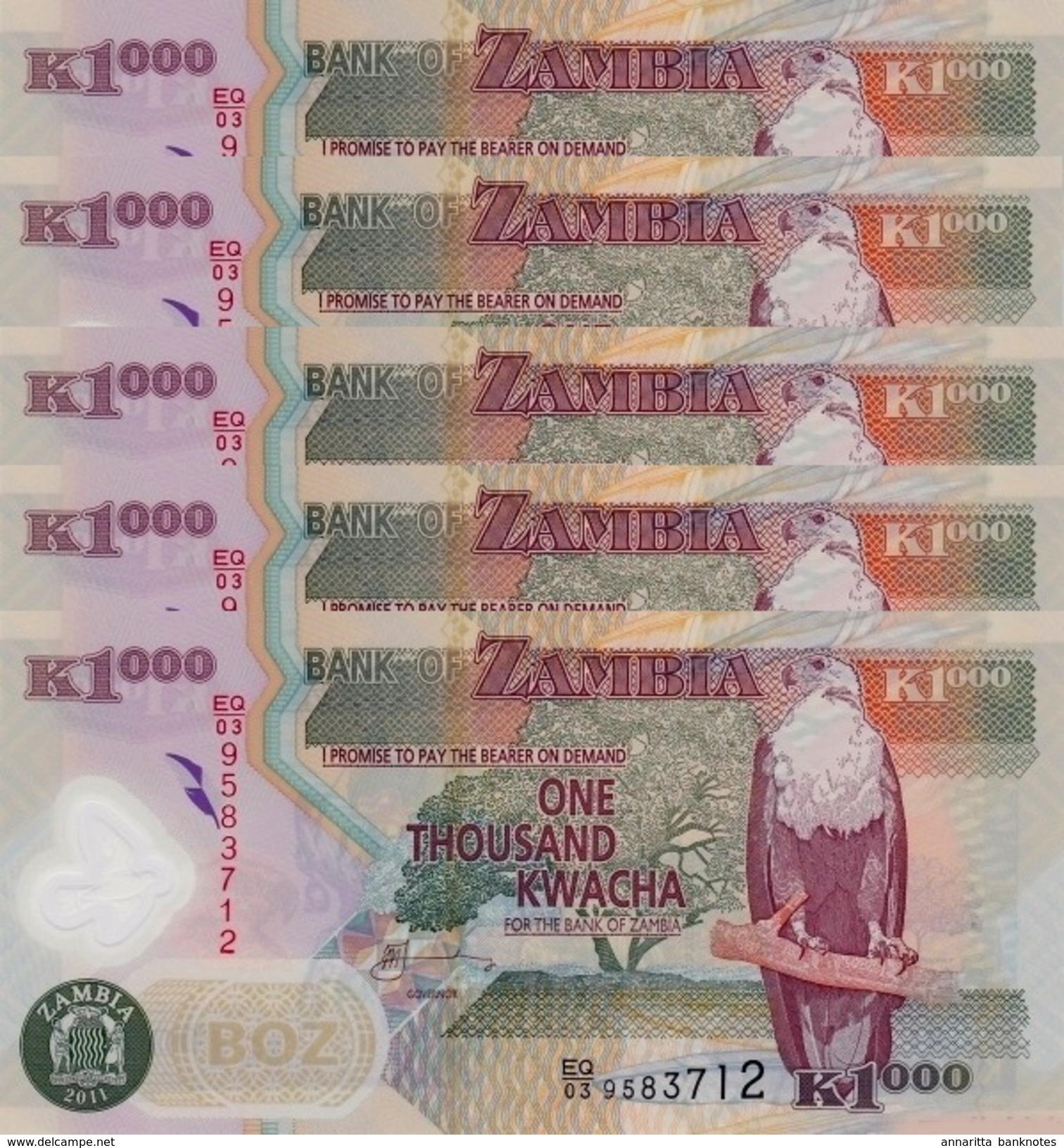 ZAMBIA 1000 KWACHA 2011 P-44h UNC 5 PCS [ZM146h] - Sambia