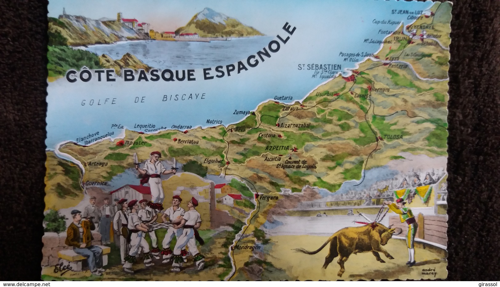 CPSM LA COTE BASQUE ESPAGNOLE PLAN CONTOUR GEOGRAPHIQUE ED ELCE DESSIN ANDRE MARCY FOLKORE CORRIDA - Cartes Géographiques