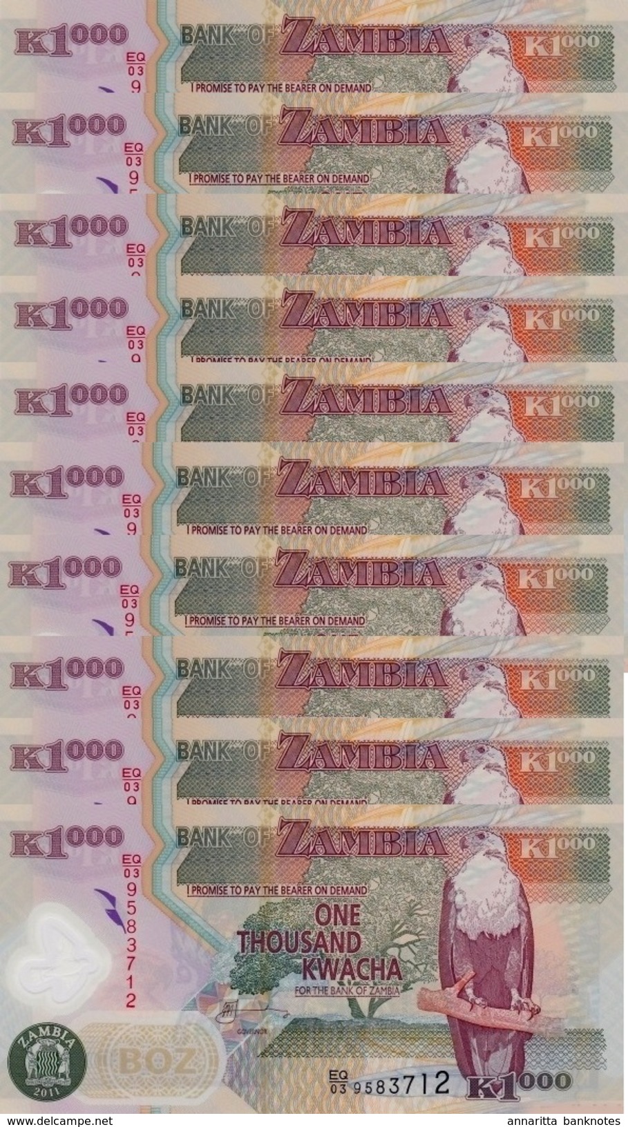 SAMBIA 1000 KWACHA 2011 P-44h I (BFR) 10 PCS [ZM146h] - Zambia