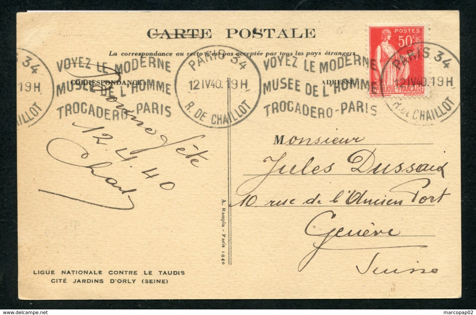 Paix N° 283:CPE 5 Mots Pr SUISSE- OM PARIS 34 R De Chaillotsdu 12/4/40 - 1921-1960: Période Moderne
