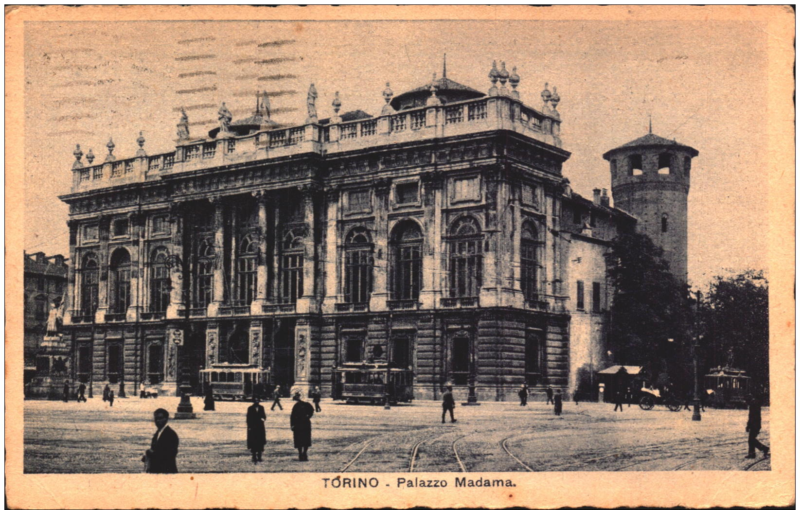 Italia Cartolina Torino Palazzo Madama Tram Filobus Viaggiata 1934 Imperiale 20 Cent.  Albergo Ginevra     SEE SCAN - Altri & Non Classificati