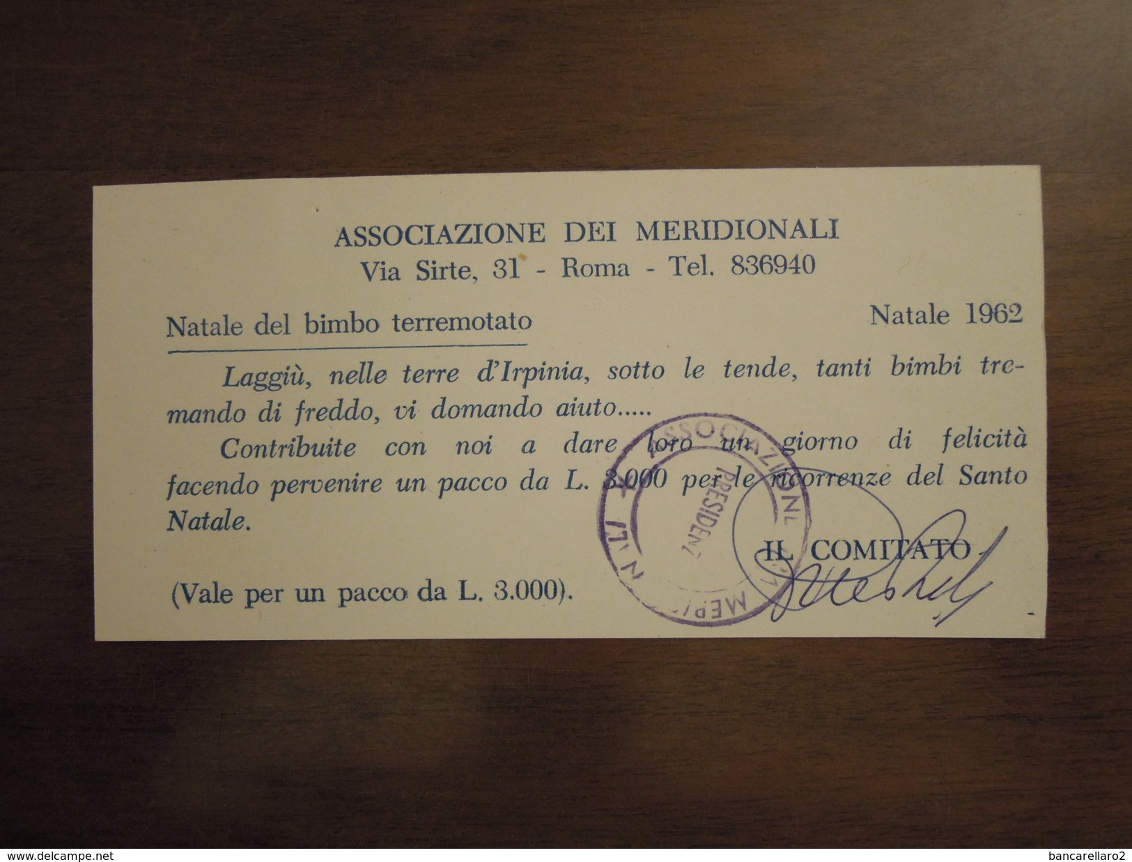 ASSOCIAZIONE DEI MERIDIONALI - Roma   Natale Del Bimbo Terremotato  Natale 1962  Contributo Terre D' Irpinia - Autres & Non Classés