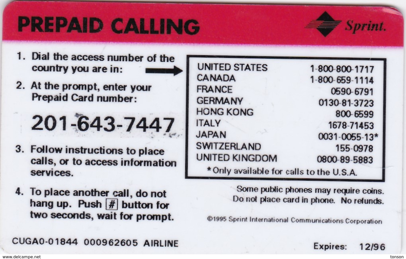 United States, Sprint Airline  2 Scans.  50 Units In Black, 2 Lines Bottom Right. Expiry.: 12/96 - Sprint