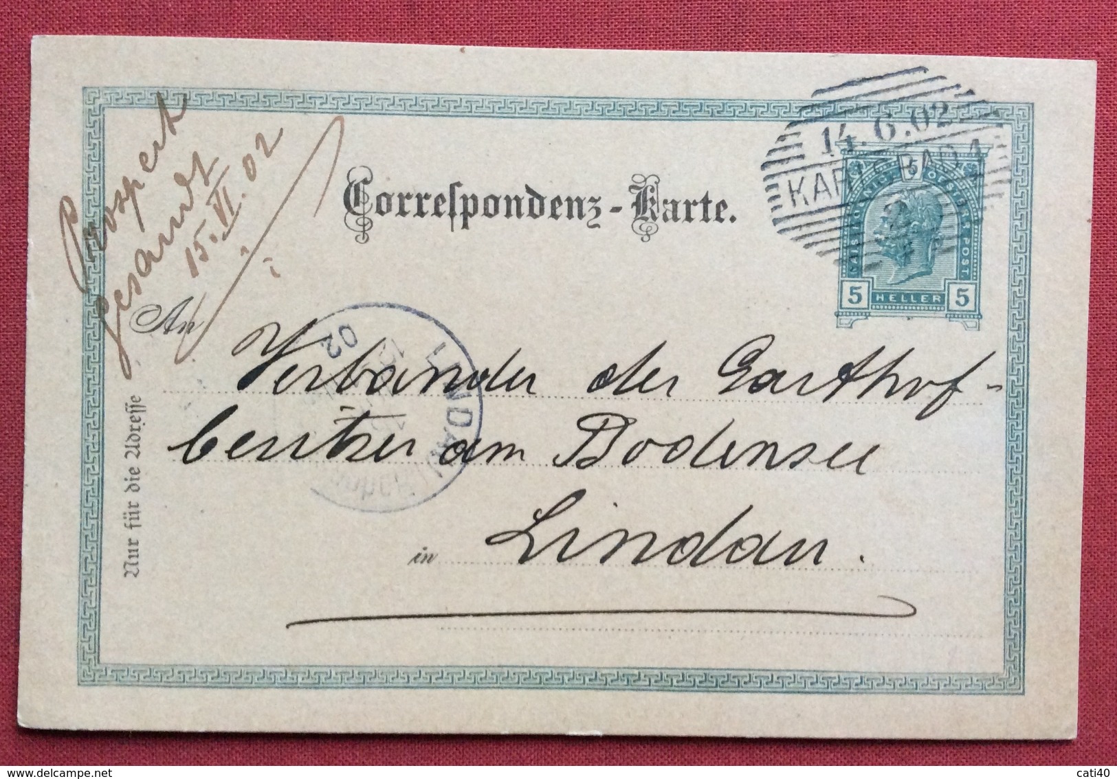 REPUBBLICA CECA  CARTOLINA POSTALE AUSTRIA  5 H CON ANNULLO A BARRE KARLSBAD (KARLOVY VARY) PER LINDAU IN DATA 14/6/1902 - Altri & Non Classificati