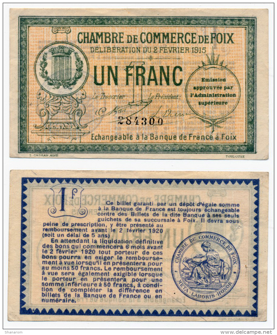 1914-1918 // C.D.C. // FOIX //  Un Franc - Chambre De Commerce