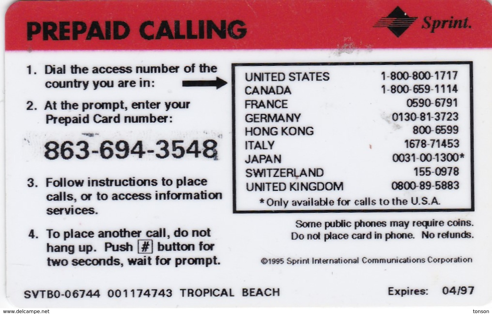 United States, Tropical Beach,  2 Scans.  50 Units In Red, 2 Lines Bottom Left, Expiry : 04/97 - Sprint