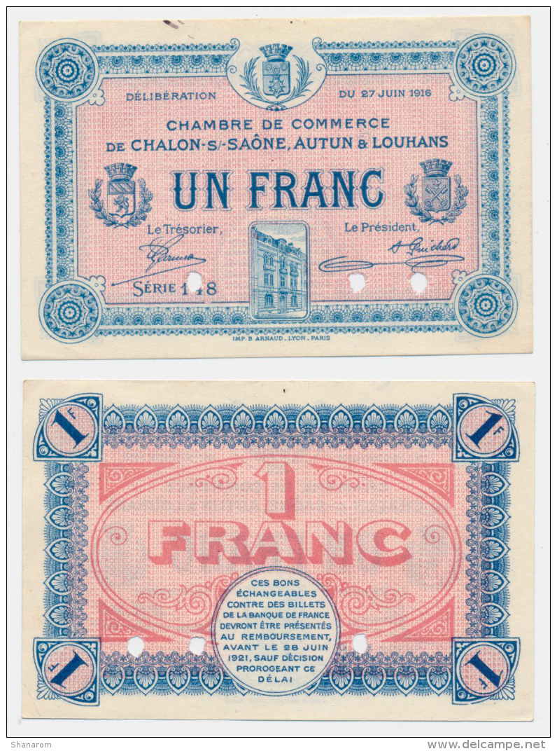 1914-1918 // C.D.C. // CHALON S/SAÔNE, AUTUN & LOUHANS // Un Franc // Juin 1916 // SPECIMEN - Chambre De Commerce