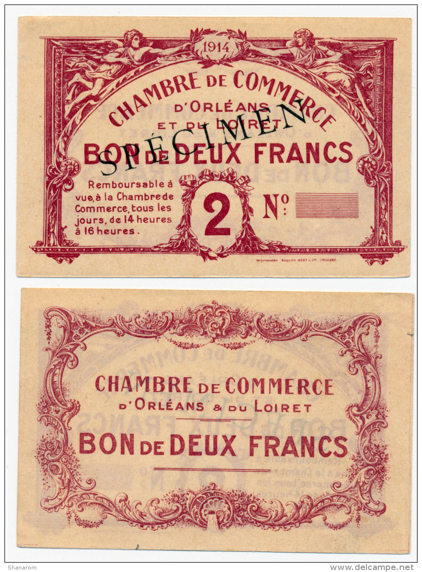 1914-1918 // C.D.C. // ORLEANS &amp; LOIRET // Deux Francs // 1914  // SPECIMEN - Chambre De Commerce