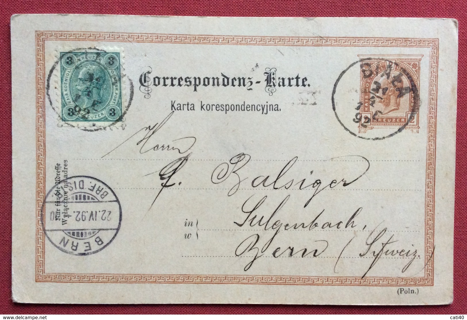 POLONIA CORRESPONDENZ KARTE  AUSTRIA  2 K  DA BIALA A BERN BERNA IN DATA 21/4/1892 - Covers & Documents