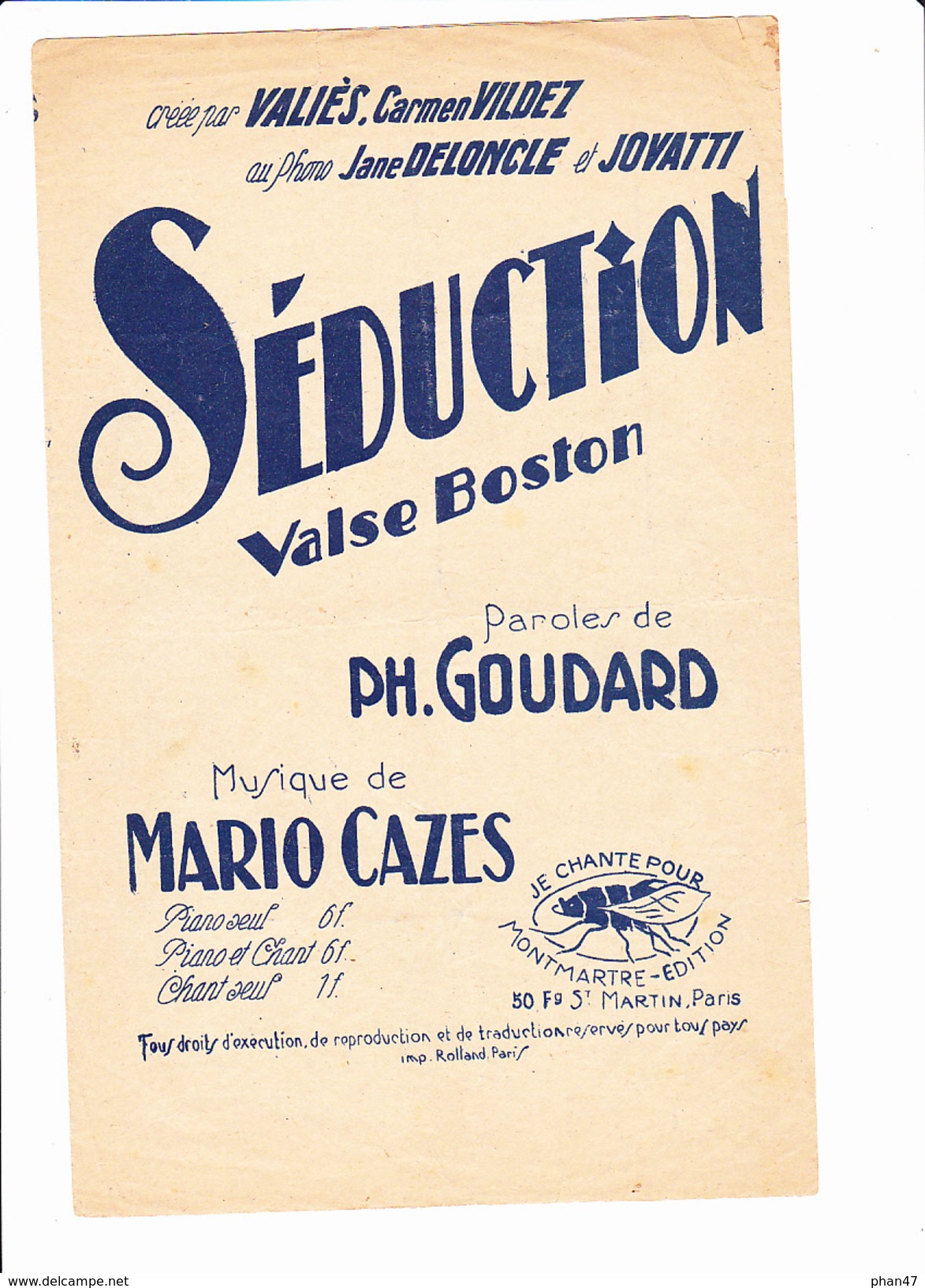 Partition: "Séduction"  Avec Paroles.  Valse Boston, Ph. GOUDARD, Mario CAZES, VALIES, Carmen VILDEZ, Jean DELONCLE - Autres & Non Classés