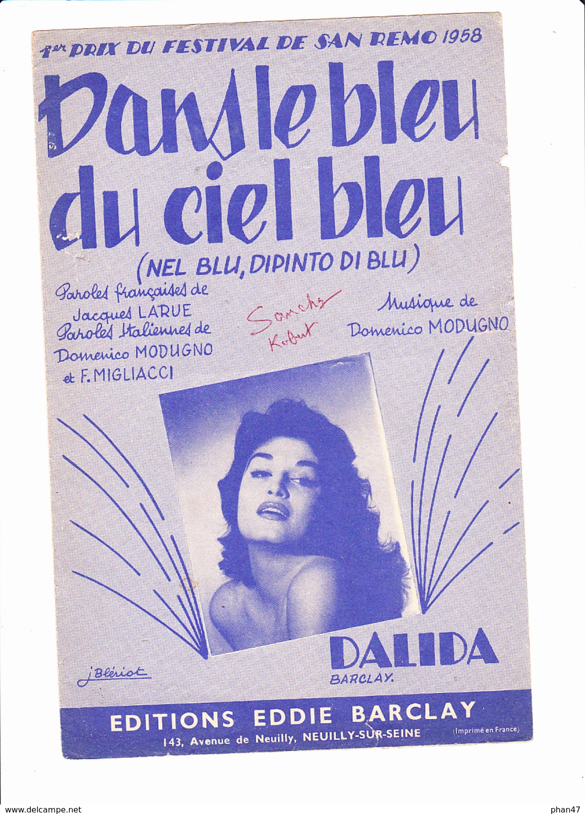 Partition "Dans Le Beu Du Ciel Bleu"  DALIDA, Jacques LARUE, Domenico MODUGNO, F.MIGLIACCI - Autres & Non Classés