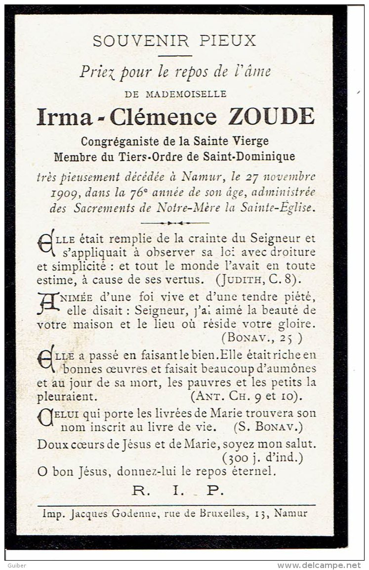 Irma Clemence Zoude Congreganiste Membre Du Tiers  Ordre De Saint Dominique Namur Godenne 1909 - Todesanzeige