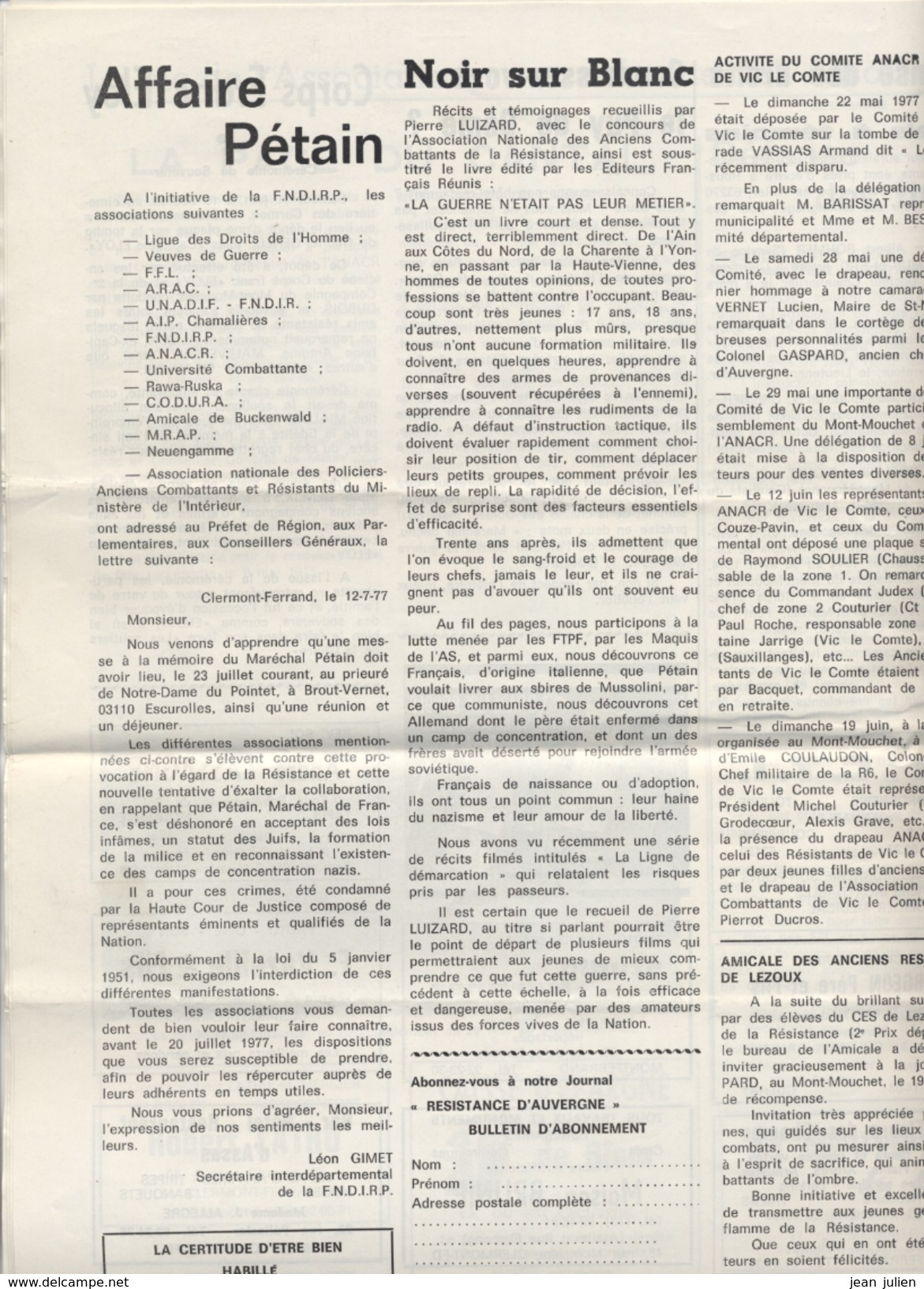 MILITARIA  - RESISTANCE D'AUVERGNE  -  Colonel GASPARD  - Bulletin Des Anciens Combattants - 1977 - 1950 - Oggi