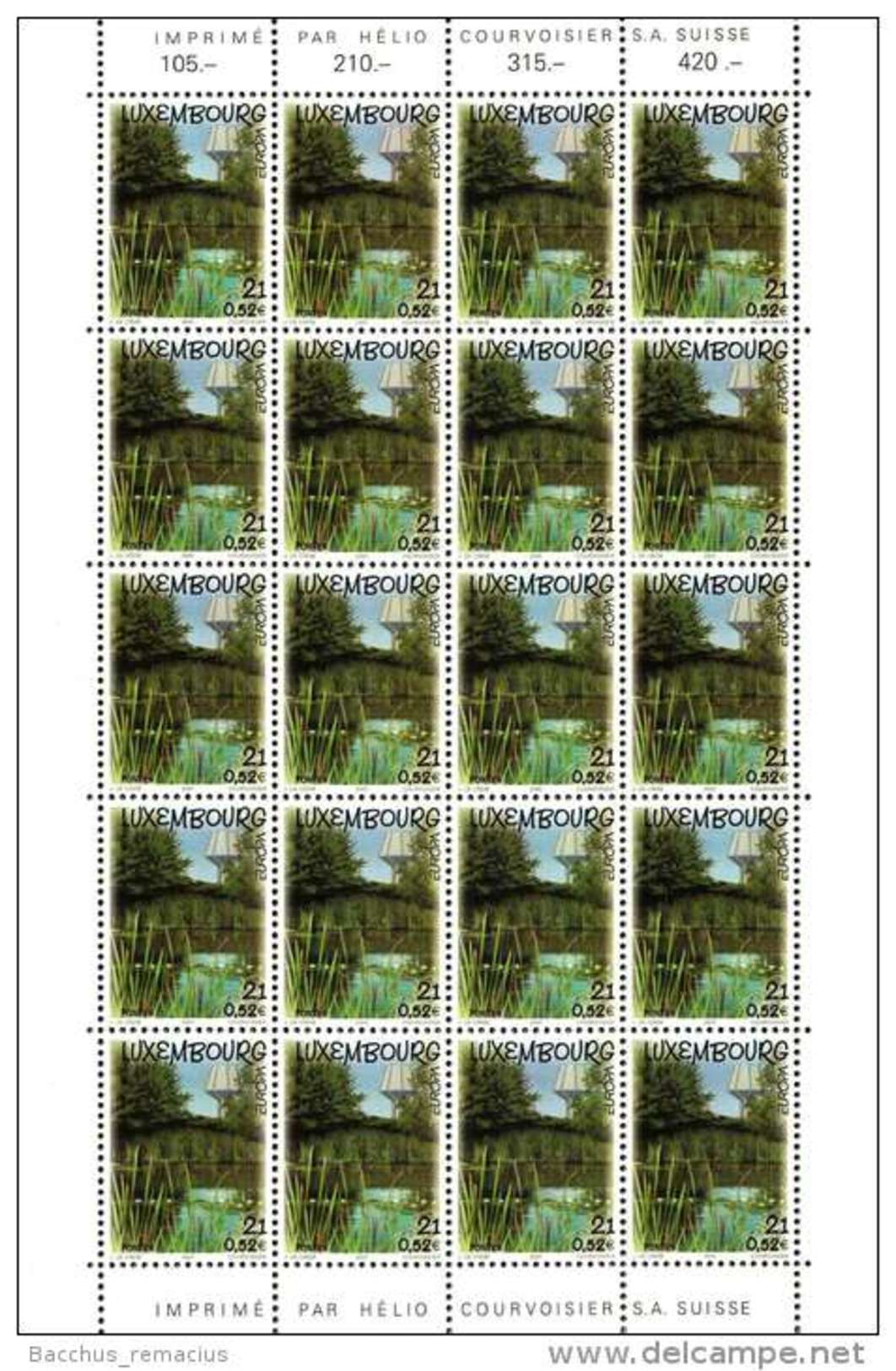 Luxembourg Feuille De 20 Timbres à 0,52 Euro Nature. EUROPA 2001. - Hojas Completas