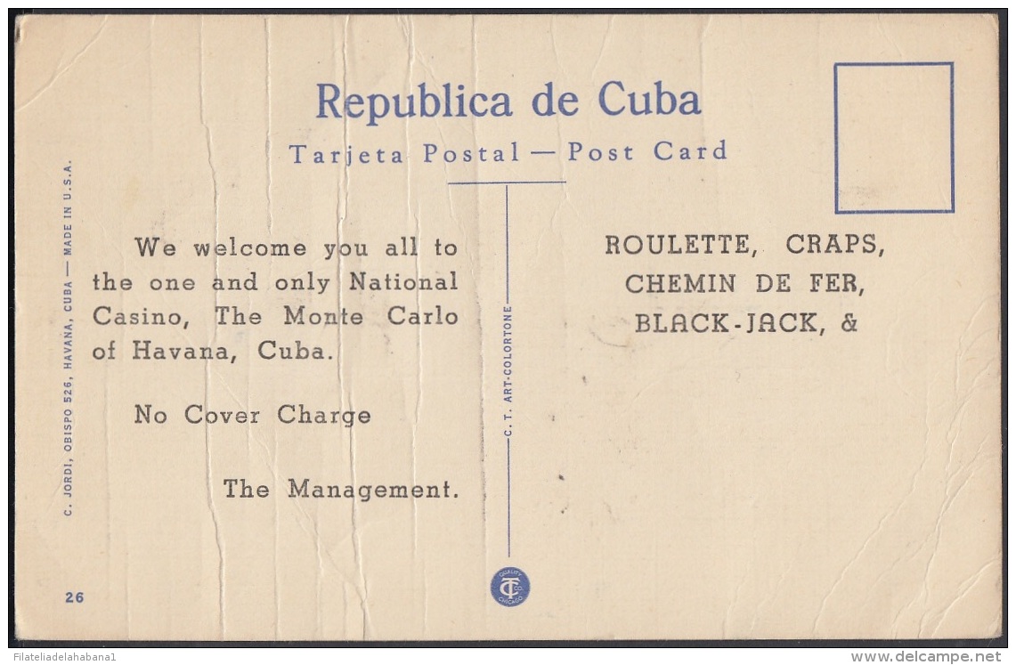 POS-289 CUBA POSTCARD. CIRCA 1950. HABANA HAVANA. CASINO NACIONAL MONTECARLO. ANUNCIO IMPRESO AL REVERSO. DOBLECES. - Cuba