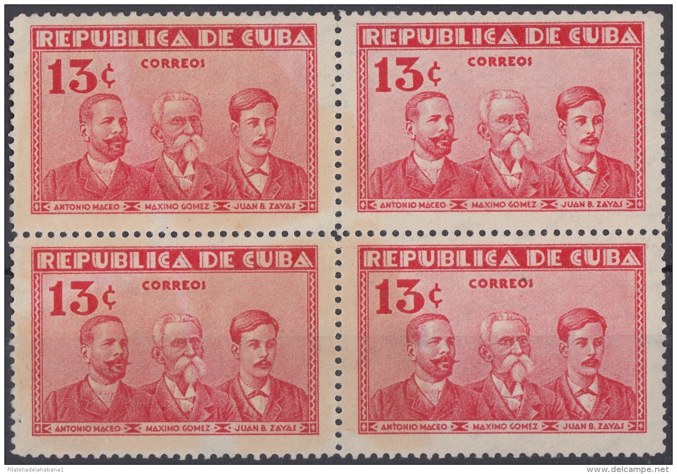 1933-40 CUBA REPUBLICA 1933 Ed.270 13c INVASION. ANTONIO MACEO, MAXIMO GOMEZ JUAN BRUNO ZAYAS. SIN GOMA Y MANCHAS. - Neufs