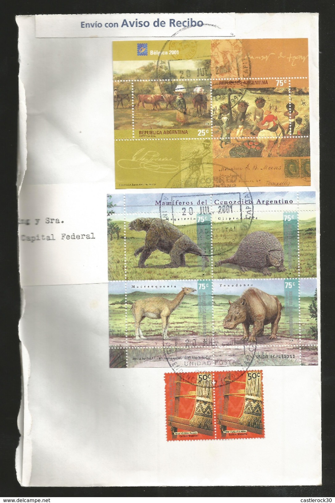 J)2001 ARGENTINA, ARGENTINE CENOZOIC MAMMALS, STAMPS EXHIBITION BRUSSELS AND LOOM,  AIRMAIL CIRCULATED COVER, MULTIPLE S - Covers & Documents