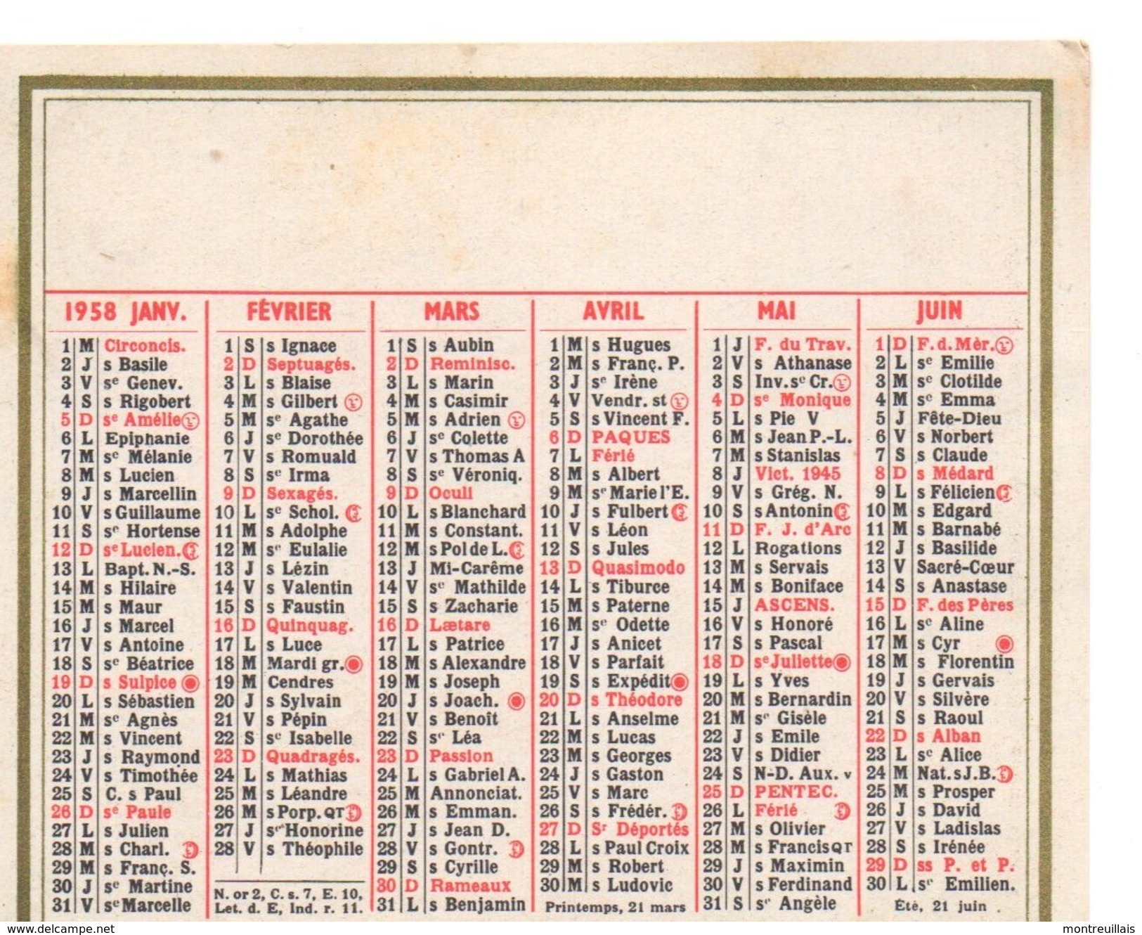 Calendrier Petit Format 1958,  (absence De Publicité) - Petit Format : 1941-60