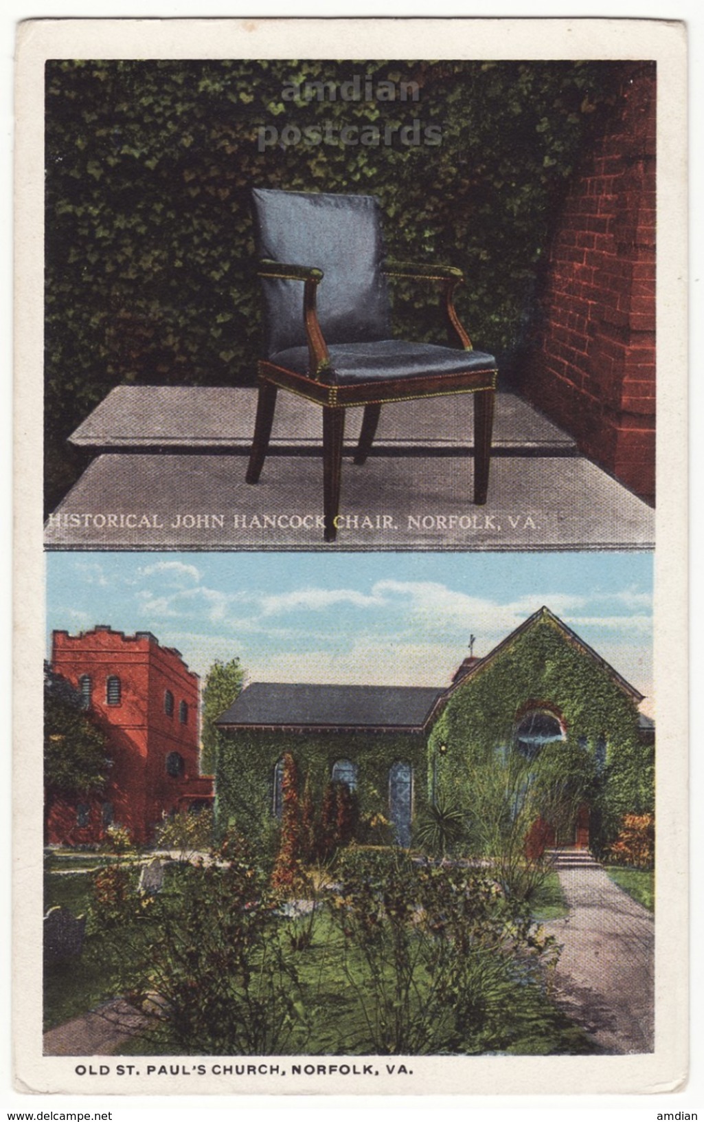 NORFOLK VA Virginia Old St Paul's Church -Historical John Hancock Chair, 1920s-30s Vintage Virginia Postcard [7034] - Norfolk