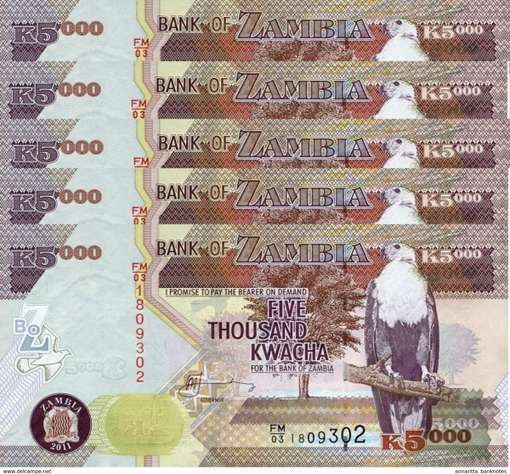 SAMBIA 5000 KWACHA 2011 P-45g I (BFR) 5 PCS [ZM147g] - Zambia