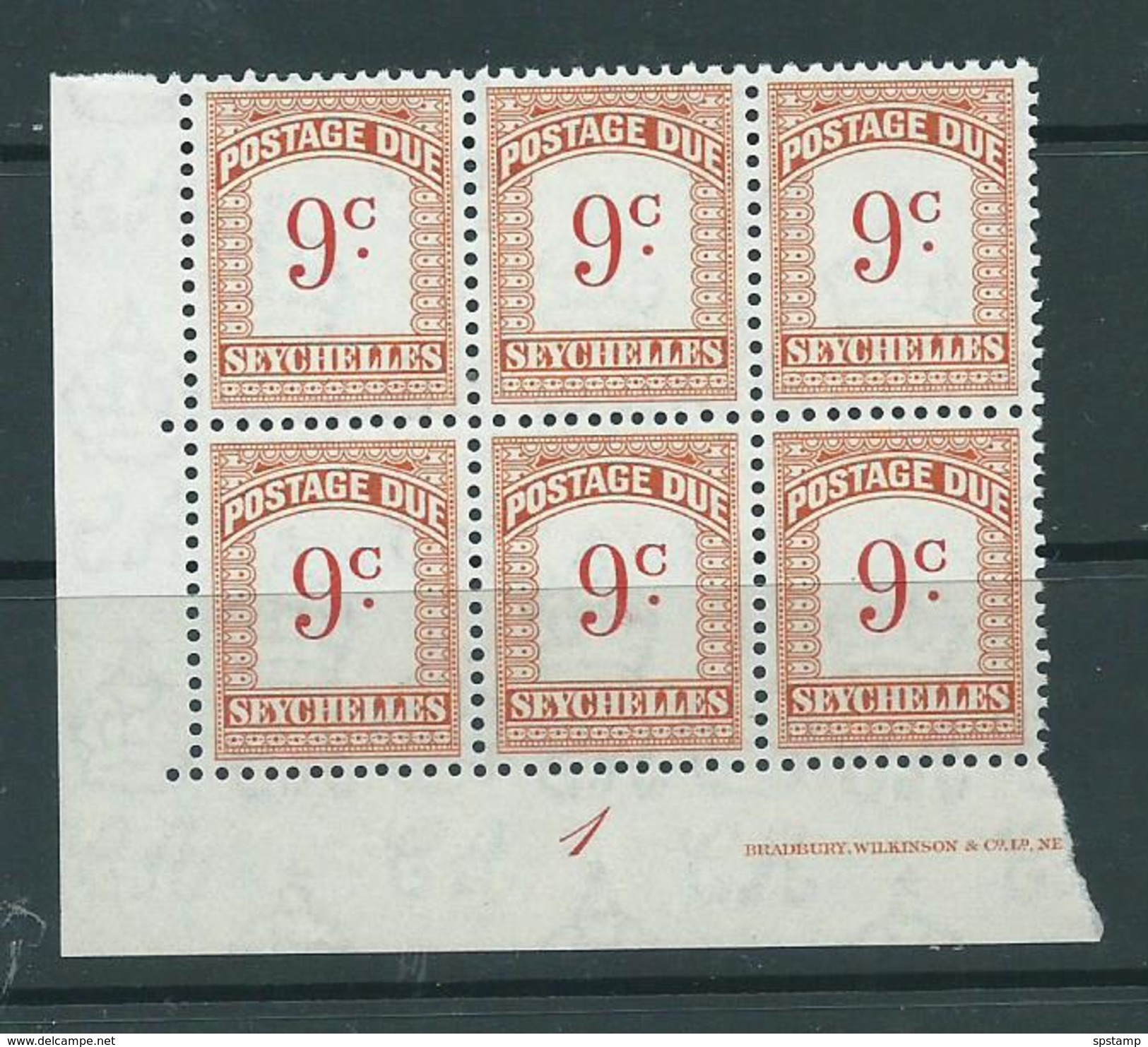 Seychelles 1951 Postage Dues 9c Brown-Orange Plate Number Block Of 6 MNH - Seychelles (...-1976)