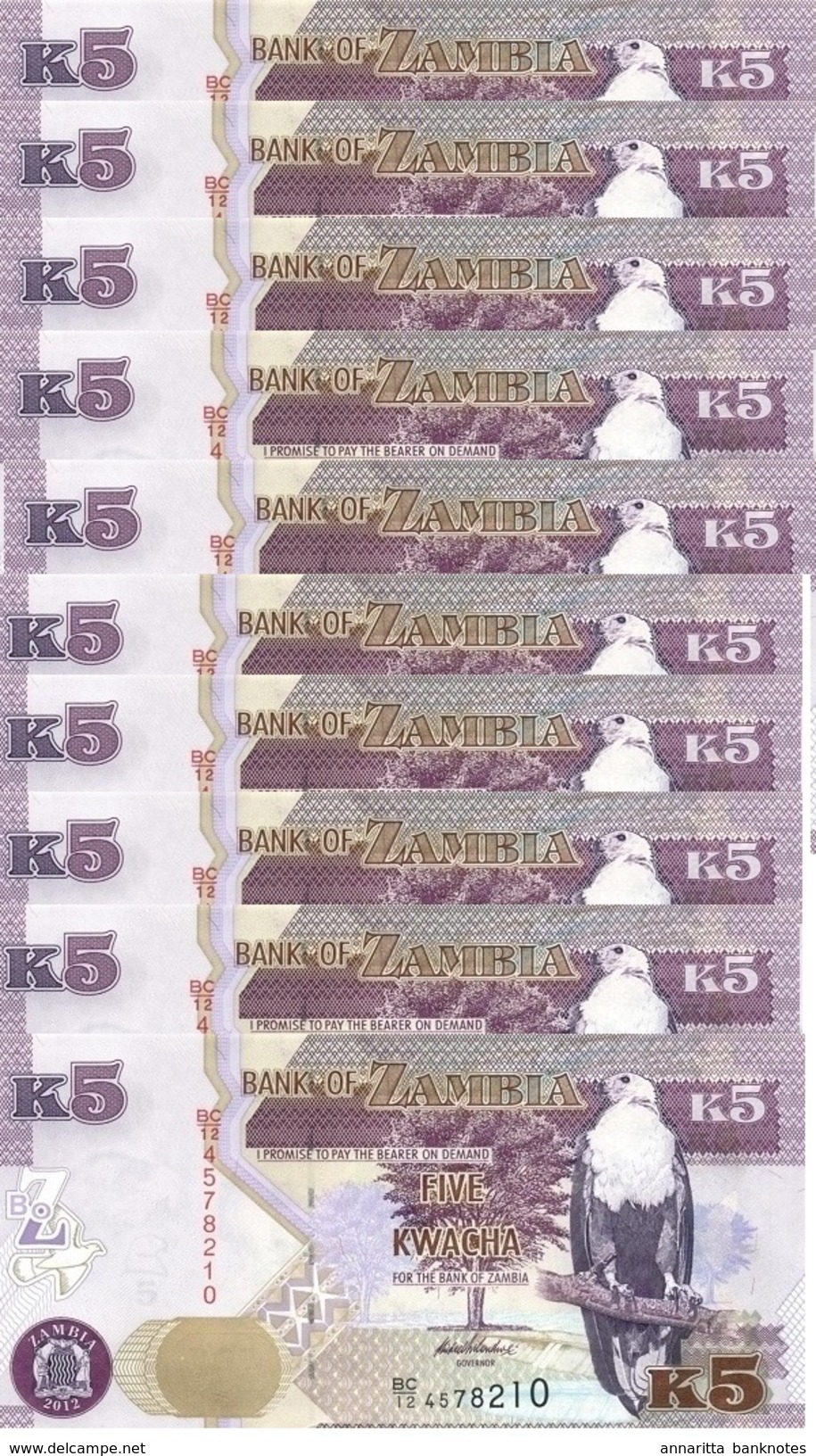 ZAMBIA 5 KWACHA 2012 (2013) P-50a UNC 10 PCS [ZM153a] - Zambie