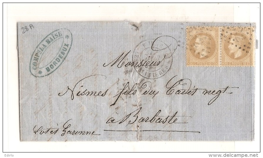 France N 28 A Paire Sur Lettre  - NAPOLEON III 10 Cts - Sur Lettre - Losange Gros Chiffres - 1863-1870 Napoleon III Gelauwerd