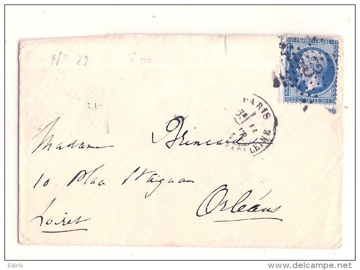 France N 22  20 Cts Bleu Sur Lettre - étoile Gros Chiffre Sur Lettre  Après Le Départ - 1862 Napoleone III