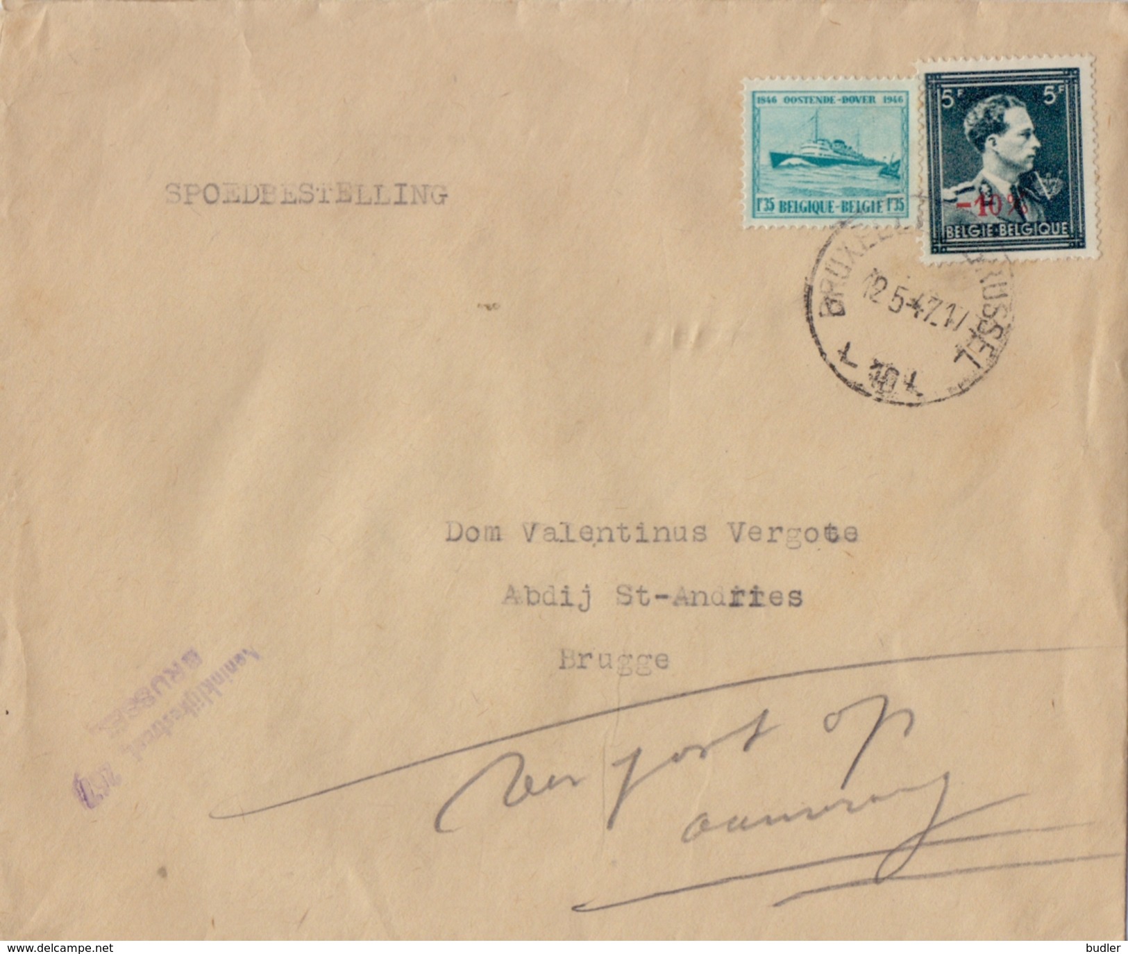 BELGIË/BELGIQUE :1947: Y.724T ( -10% ) +725 On Travelled Cover (Spoedbestelling) Cancelled "BRUXELLES-BRUSSEL:12-5-1947" - 1946 -10%