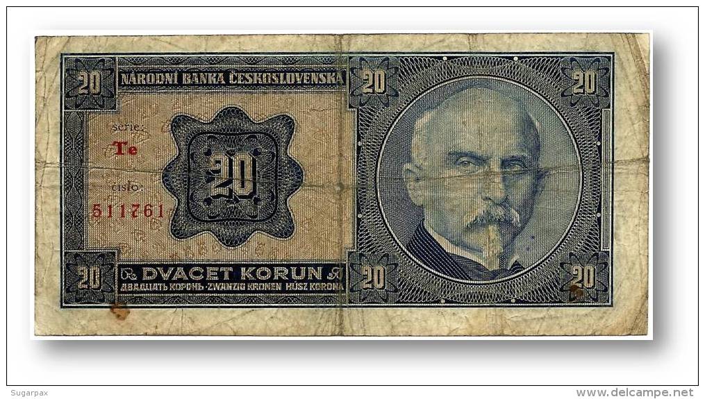 CZECHOSLOVAKIA - 20 Korun - 1.10.1926 - Pick 21 - Serie Te - Dr. Alois Rasin - 2 Scans - Tchécoslovaquie