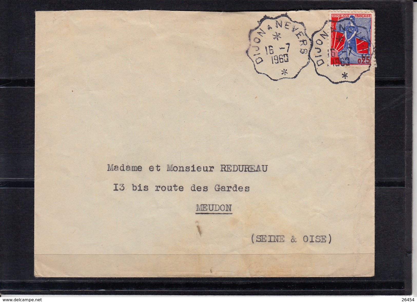 Marianne A La NEF  Cachet AMBULANT Le 16 7 1960  " DIJON A NEVERS " Sur Lettre Pour MEUDON S.et.O. Vignette Au Verso - 1959-1960 Marianne à La Nef