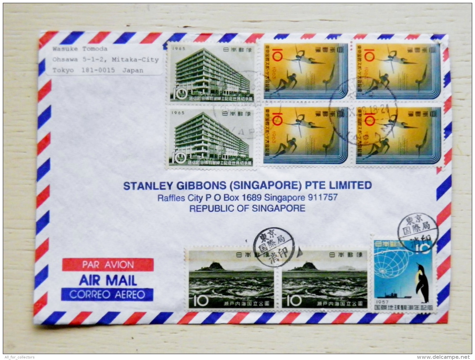 Cover From Japan Sent To Singapore 1999 9 Post Stamps Sport Landscapes Penguin - Covers & Documents