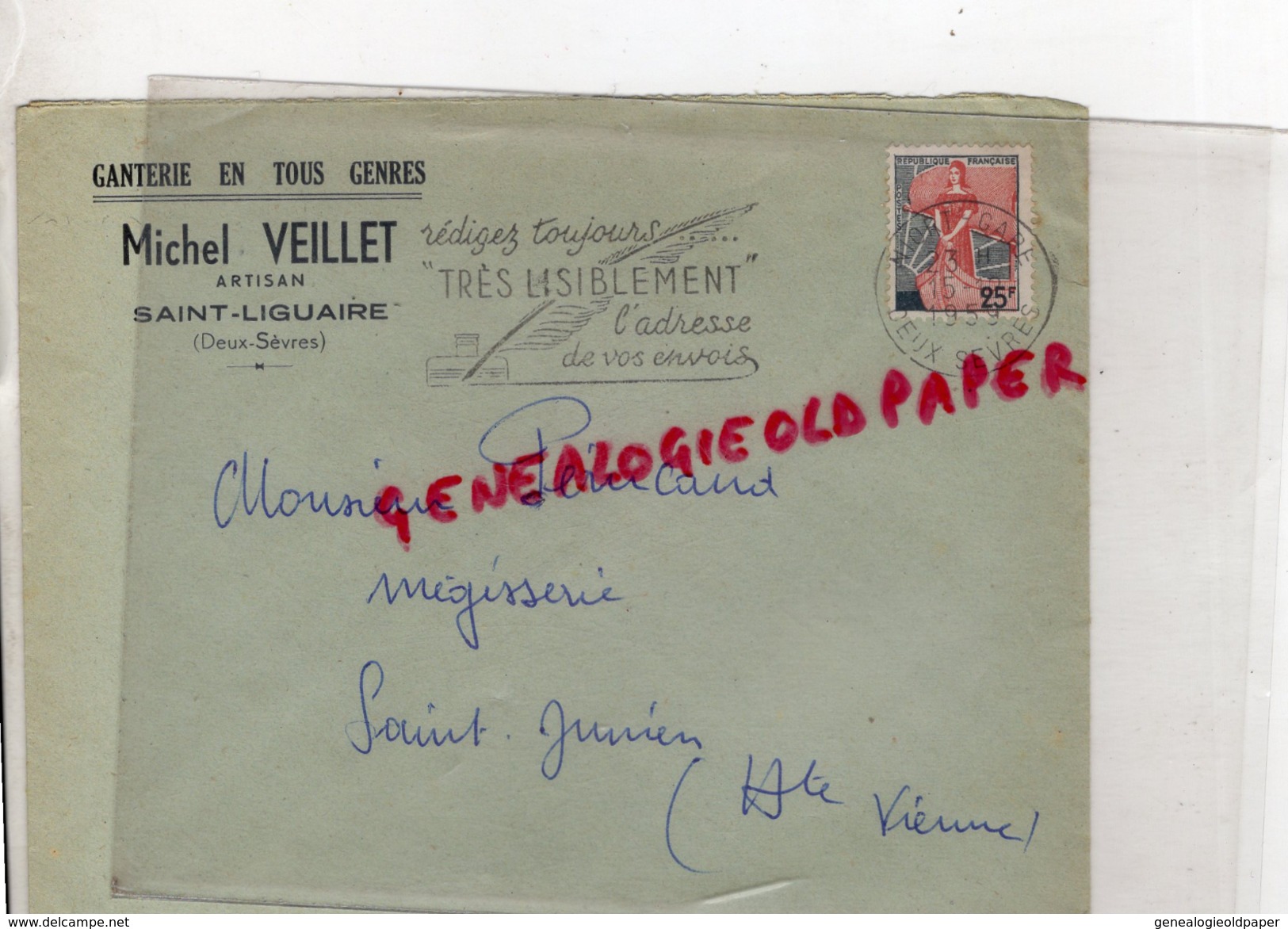79 - SAINT LIGUAIRE - ENVELOPPE GANTERIE MICHEL VEILLET- ARTISAN - A M. PERUCAUD MEGISSERIE ST SAINT JUNIEN- 1953 GANTS - 1950 - ...