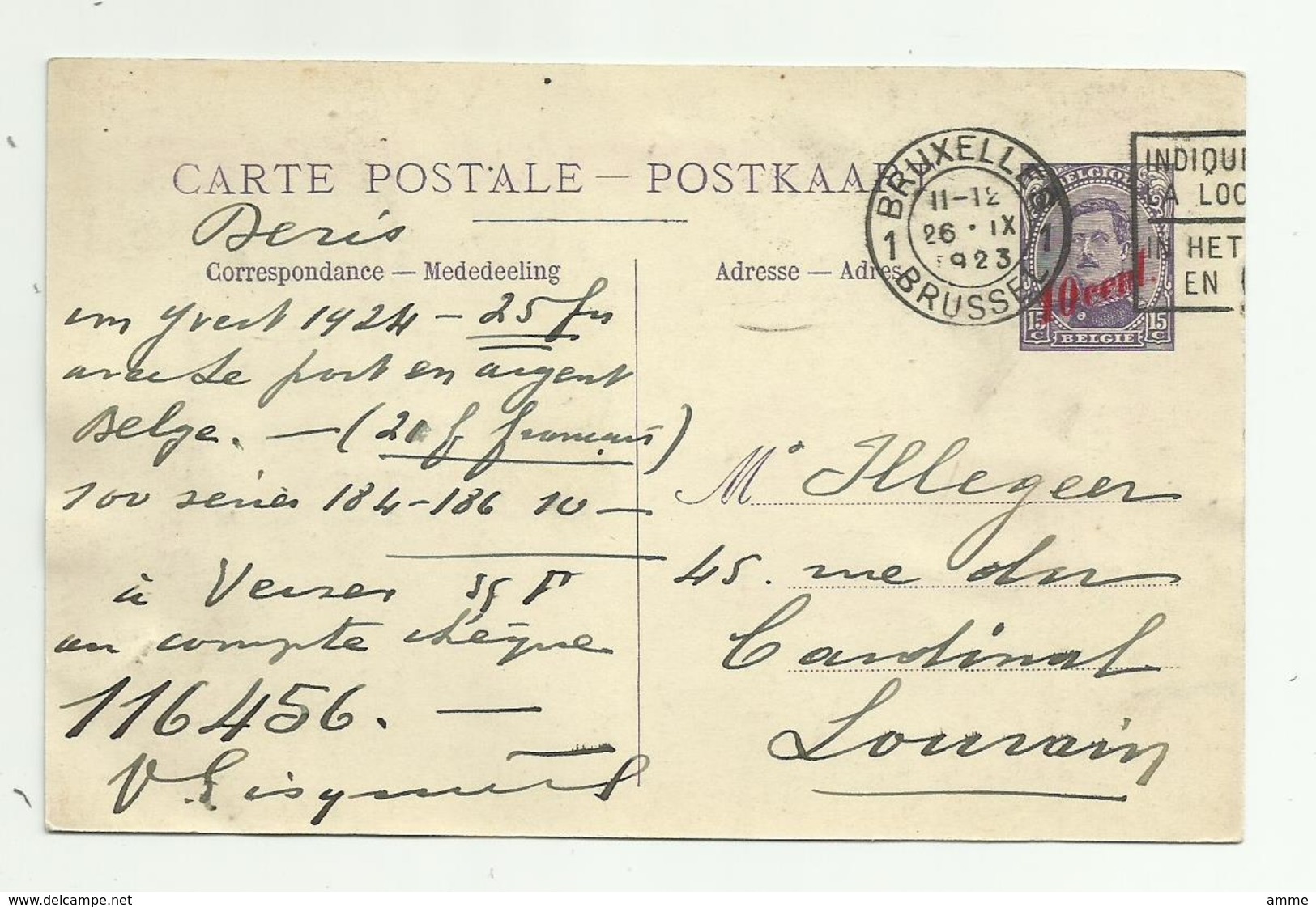 Oostende  *  Maalboot Oostende -Dover -  Paquebot  1923   (Timbre 15 > 10 Ct .) - Schiffspost