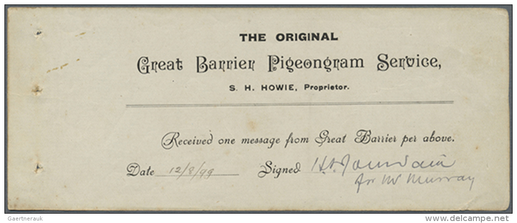 1899, New Zealand Great Barrier Pigeongram Service, Complete Receipt Dated 18/8/99 And Signature; Three Holes At... - Other & Unclassified
