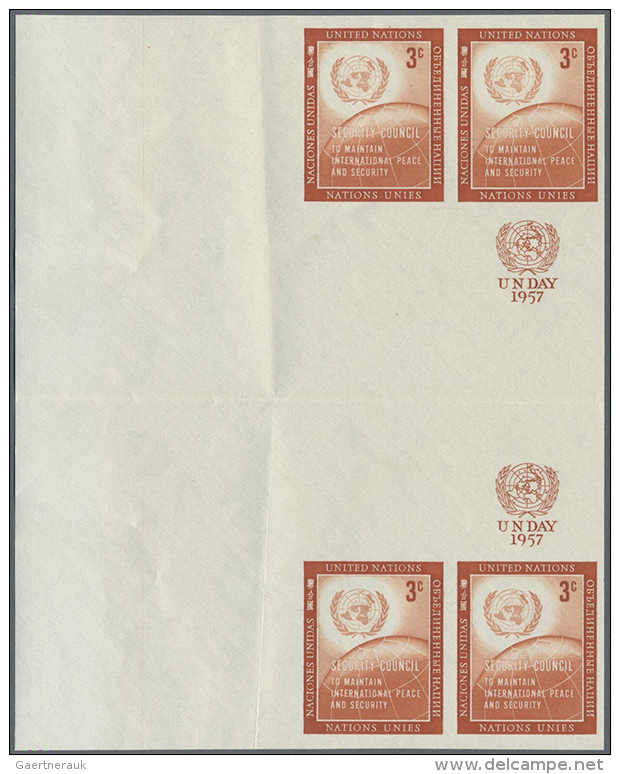 1957. Imperforate Vertical Gutter Block Of 2 Pairs For The 3c Value Of The Security Council Series Showing UN... - Other & Unclassified