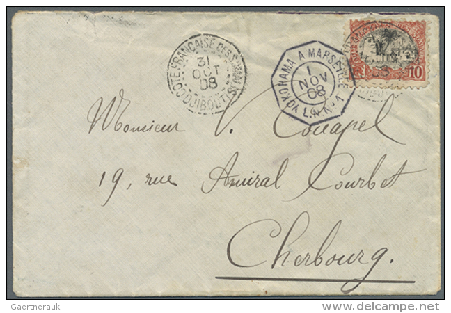 1908 (31.10.), Mosque 10c. Red/black Single Use On Commercial Cover From DJIBOUTI To Cherbourg With Octagonal... - Andere & Zonder Classificatie