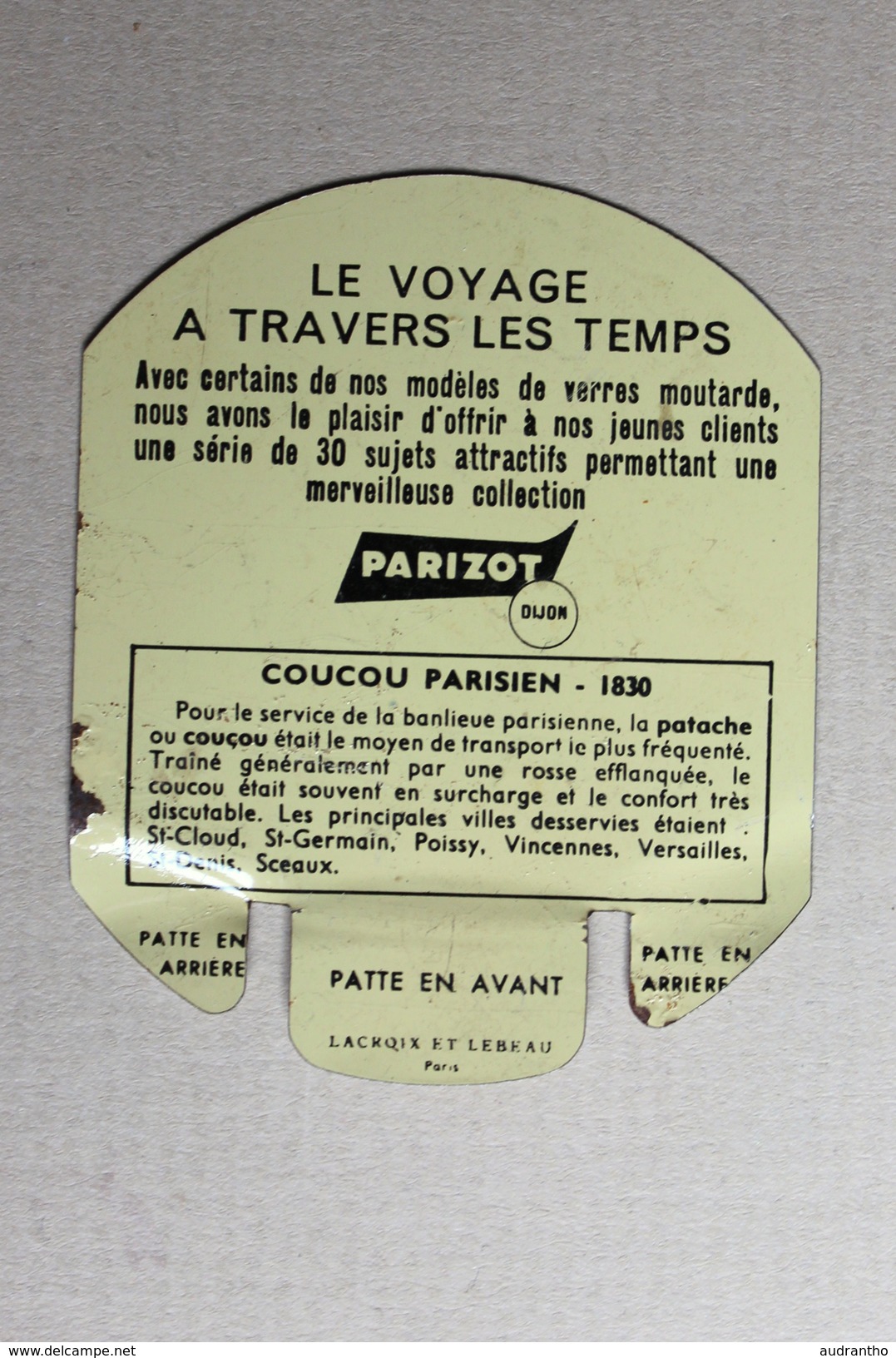 Plaque Métal Moutarde PARIZOT Dijon Coucou Parisien 1830 Taxi Patache Attelage Cheval - Autres & Non Classés