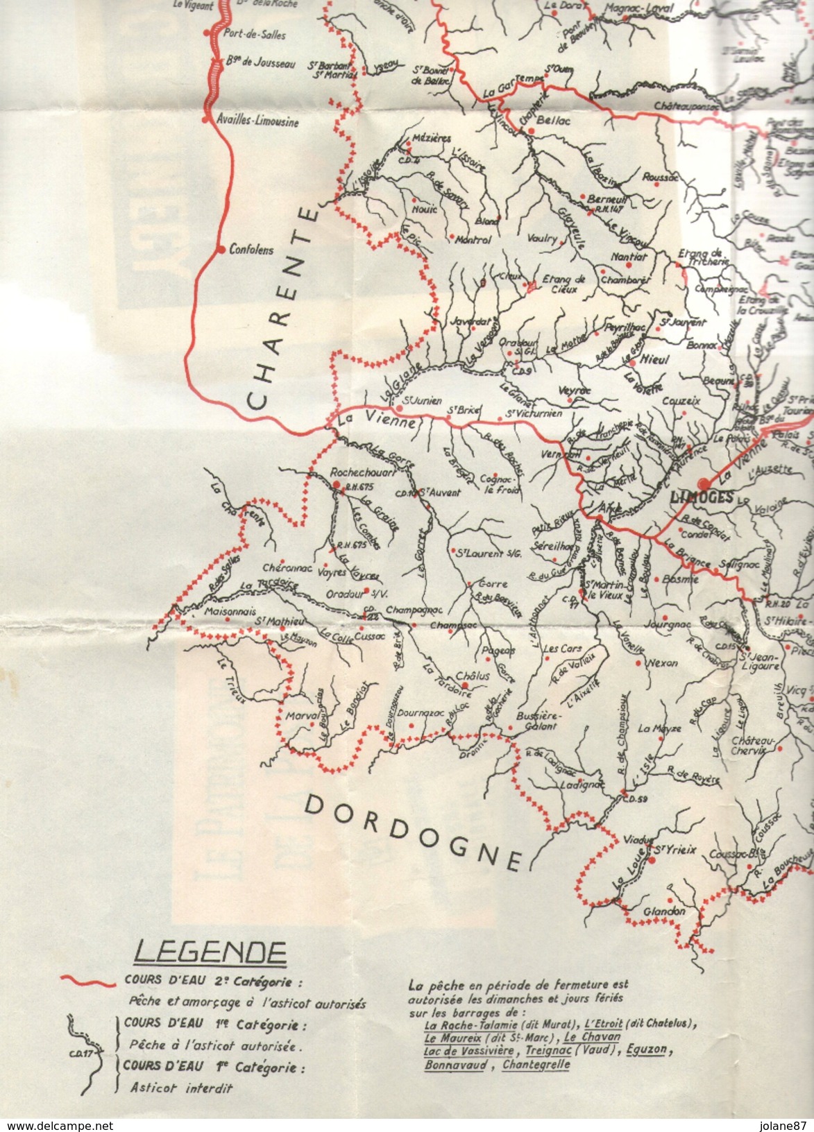 PLAN RESEAU DE PECHE  LIMOUSIN    SOCIETE DE PECHE ET DE PISCICULTURE    COURS D EAU  BARRAGES - Europe