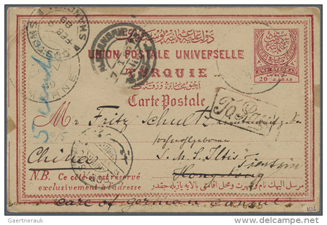 1888, Incoming Mail, Turkey, Boxed "To Pay"of Tientsin On UPU Stationery Card Turkey 10 P. "SMYRNE JAN. 1 89" Via... - Sonstige & Ohne Zuordnung